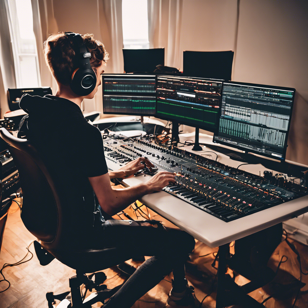 A person with long hair tied back operates music production equipment, including an AKAI MPC and a laptop, in a studio setting. Additional equipment like a turntable and speakers are visible, with various items such as a jar and pens placed on a desk.